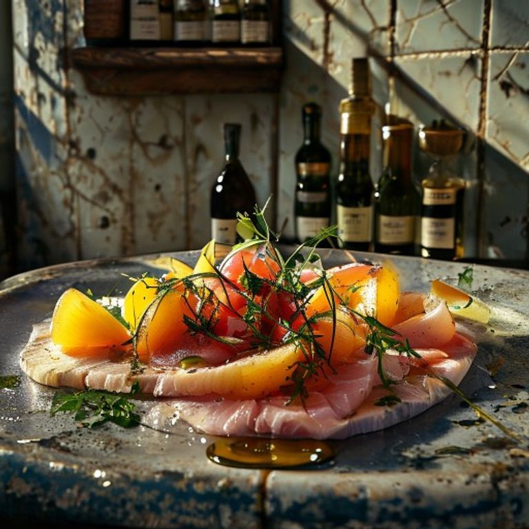Assiette de carpaccio de daurade aux nectarines sur une table de bistrot en zinc, ambiance bar-restaurant marseillais chaleureuse. Cocktails créatifs.