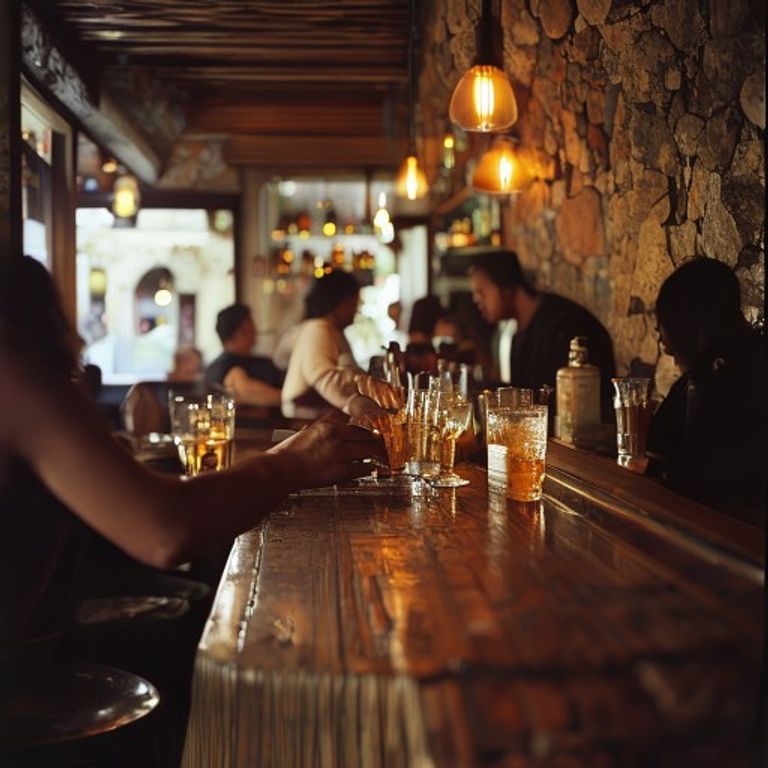 Atmosphère chaleureuse de Dérive Marseille avec lumières tamisées, bois brut et clientèle joyeuse dégustant cocktails et plats.