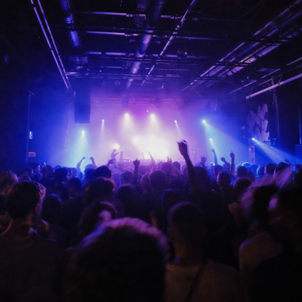 Foule vibrante dans la pénombre d'un concert au Cabaret Aléatoire, lumières stroboscopiques et fumée.