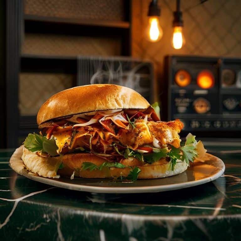 Sandwich Kimchicken chaud et gourmand avec kimchi et poulet, posé sur un comptoir élégant à Marseille.