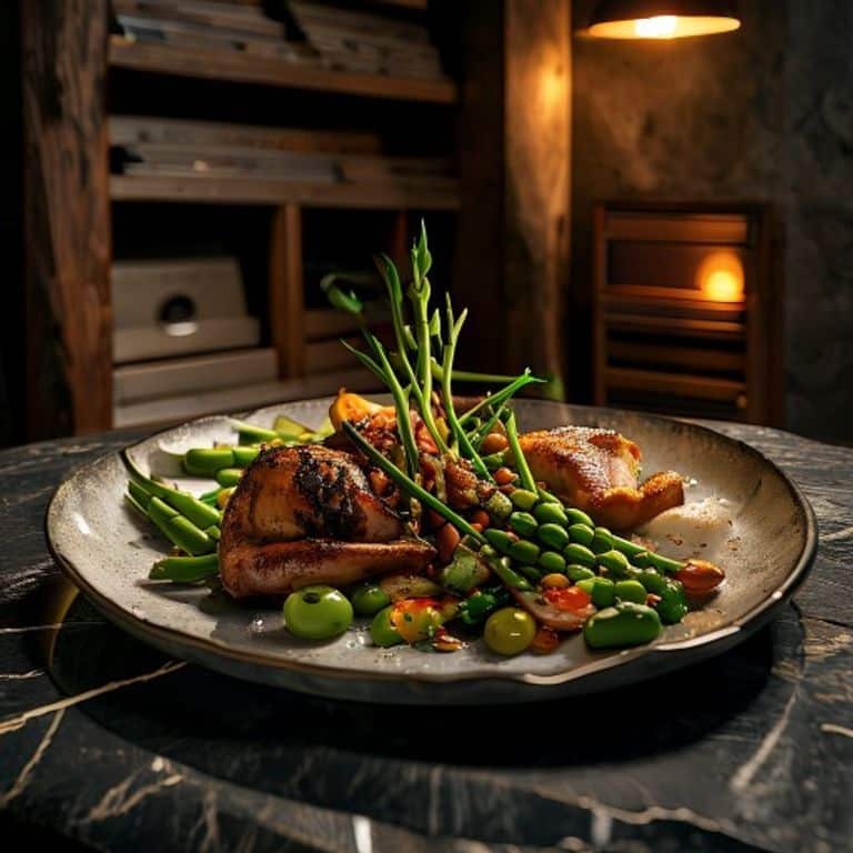 Plat de saison du restaurant Grenat à Marseille, élégamment dressé avec des légumes grillés et une volaille rôtie.
