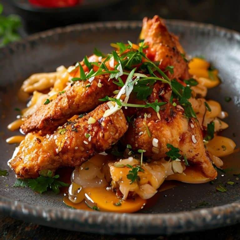 Plat de poulet croustillant avec sauce mangue et condiments marinés servi sur table en zinc dans un restaurant cosy et élégant à Marseille.