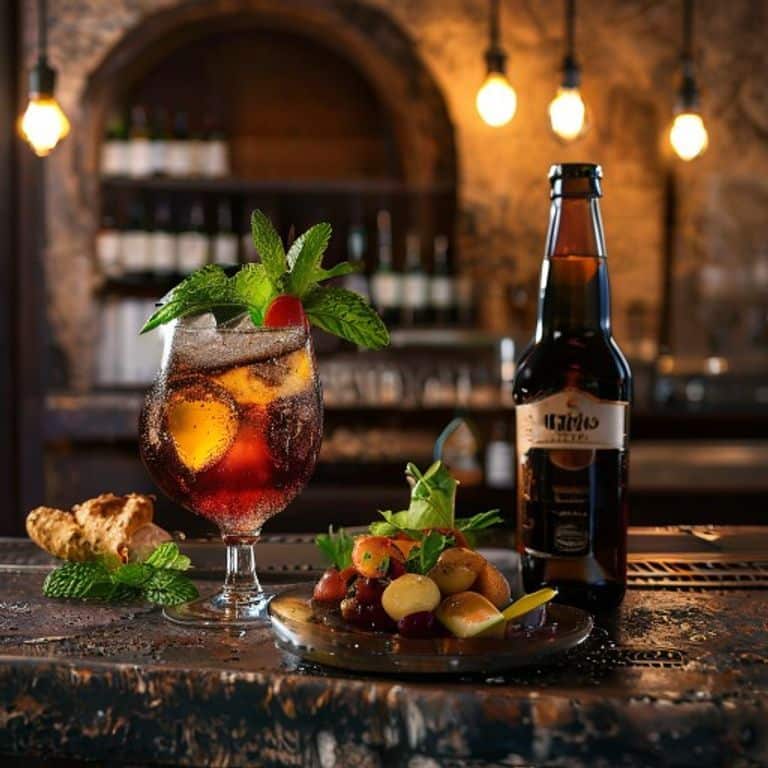 Ambiance animée du bar Le Mounguy à Marseille, avec un cocktail au rhum et une bière Tiboulen sur un comptoir vintage.